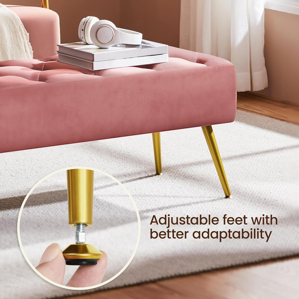 45in Velvet Ottoman Bench End of Bed, Pink | Tufted Upholstered Bench Seat, Bed Bench with Tapered Gold Metal Legs