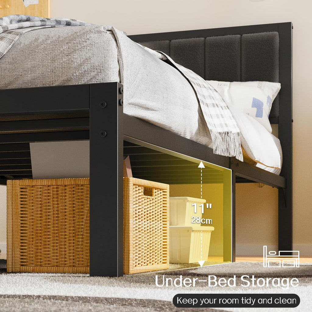 Twin Bed Frame with Headboard Metal Platform Bed Twin with USB Charging Station and LED Lights, No Box Spring Needed