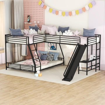 Triple Bunk Beds, L-Shape Twin Over Full Bunk Bed Attached a Loft Bed with Desk, Triple Bunk Beds with Slide