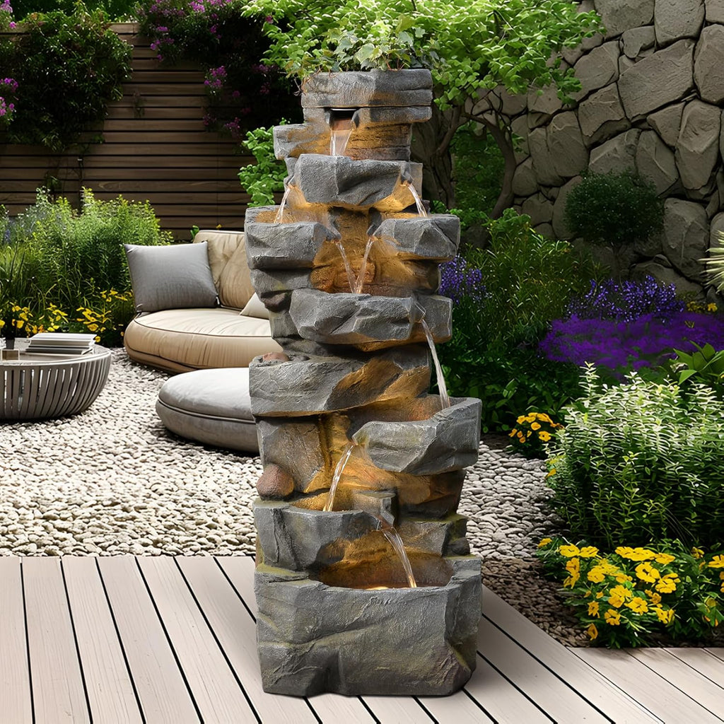 58" H Outdoor Water Fountain with 7 Tiers New Upgraded Large Cascading Realistic Rock Waterfall Fountains with Lights