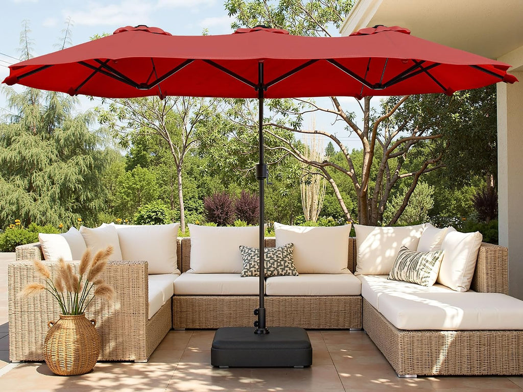 16FT Large Patio Umbrella with Base Included, Outdoor Double-Sided Rectangular Shade with Crank Handle Red