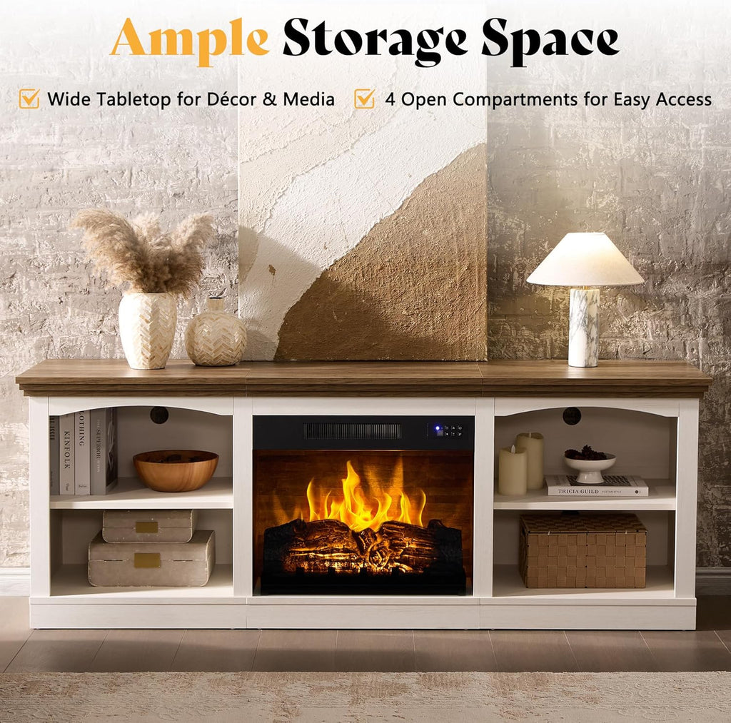70" Farmhouse Fireplace TV Stand for TVs up to 80", Entertainment Center with 23" Fireplace, Open Shelves, One-Box