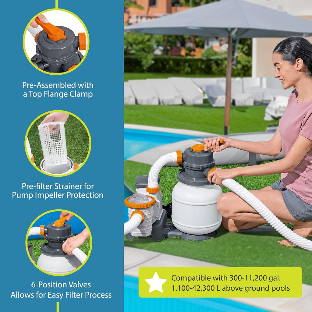 58498E Flowclear 1500 Gallon Sand Filter Pool Pump for Above Ground 300 to 11,200 Gallon Swimming Pools with Adapter