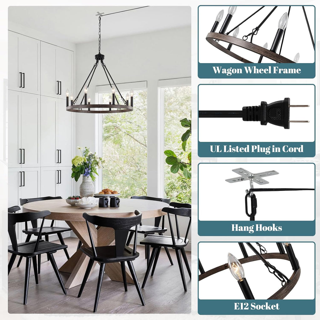Plug in Chandelier Wagon Wheel, 8 Light 23.6'' Round Farmhouse Hanging Light with Plug in Cord