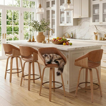 26 Inch Swivel Bar Stools with Back Set of 4, Brown Faux Leather Upholstered Counter Height Barstools with Solid