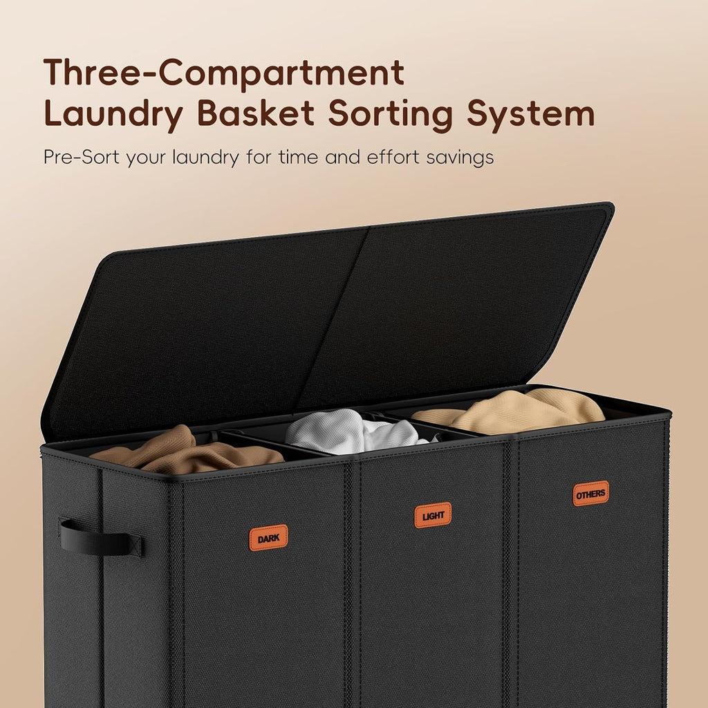 185L Laundry Hamper 3 Section, Laundry Hamper with Lid, Dirty Clothes Hamper with 3 Removable Washing Bags, Extra