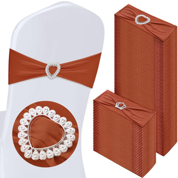 100 Pcs Spandex Chair Sashes with Heart Buckle Slider, Terracotta