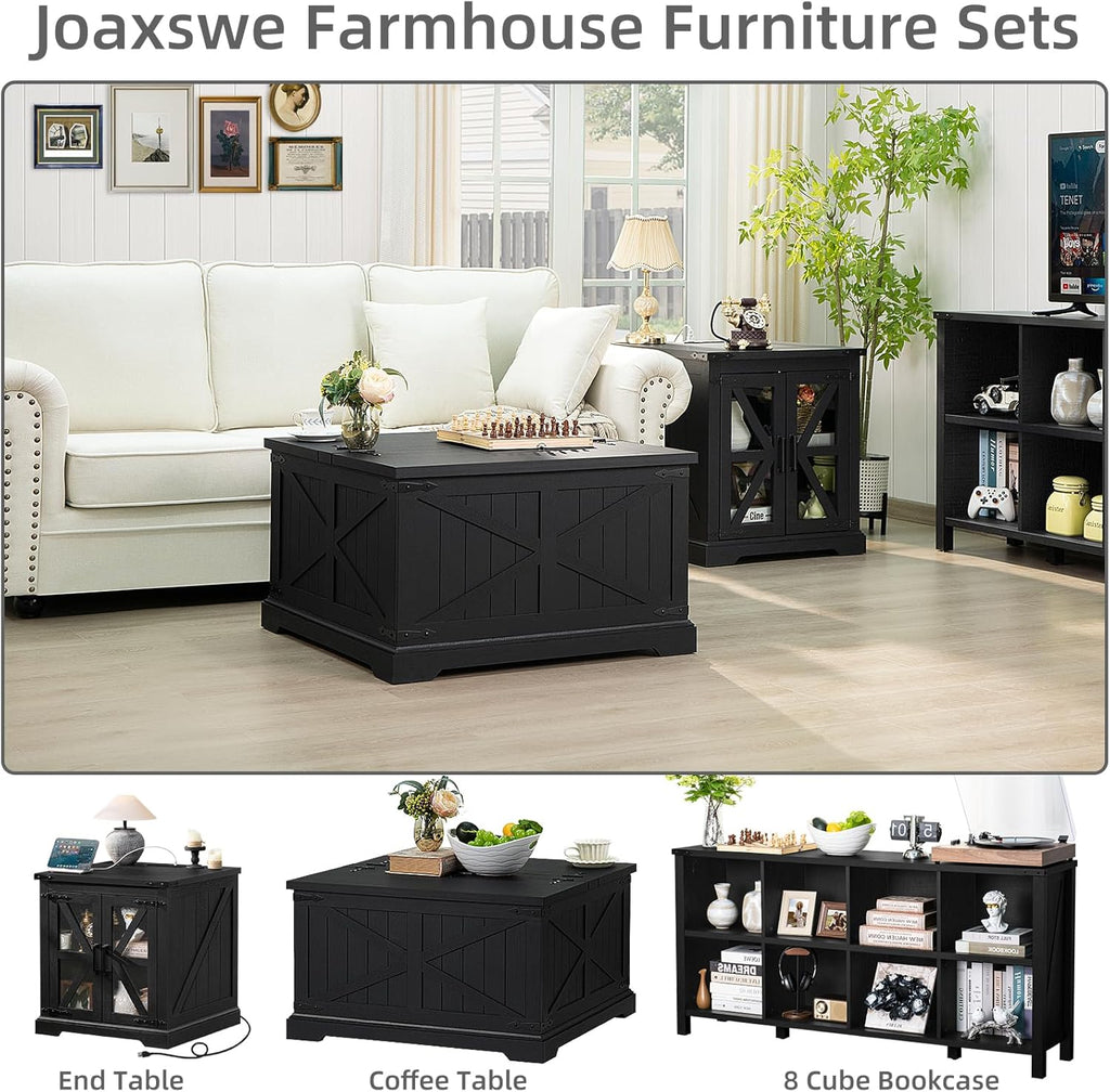 Farmhouse Coffee Table with Large Hidden Storage Compartment, Rustic Black Square Center Table