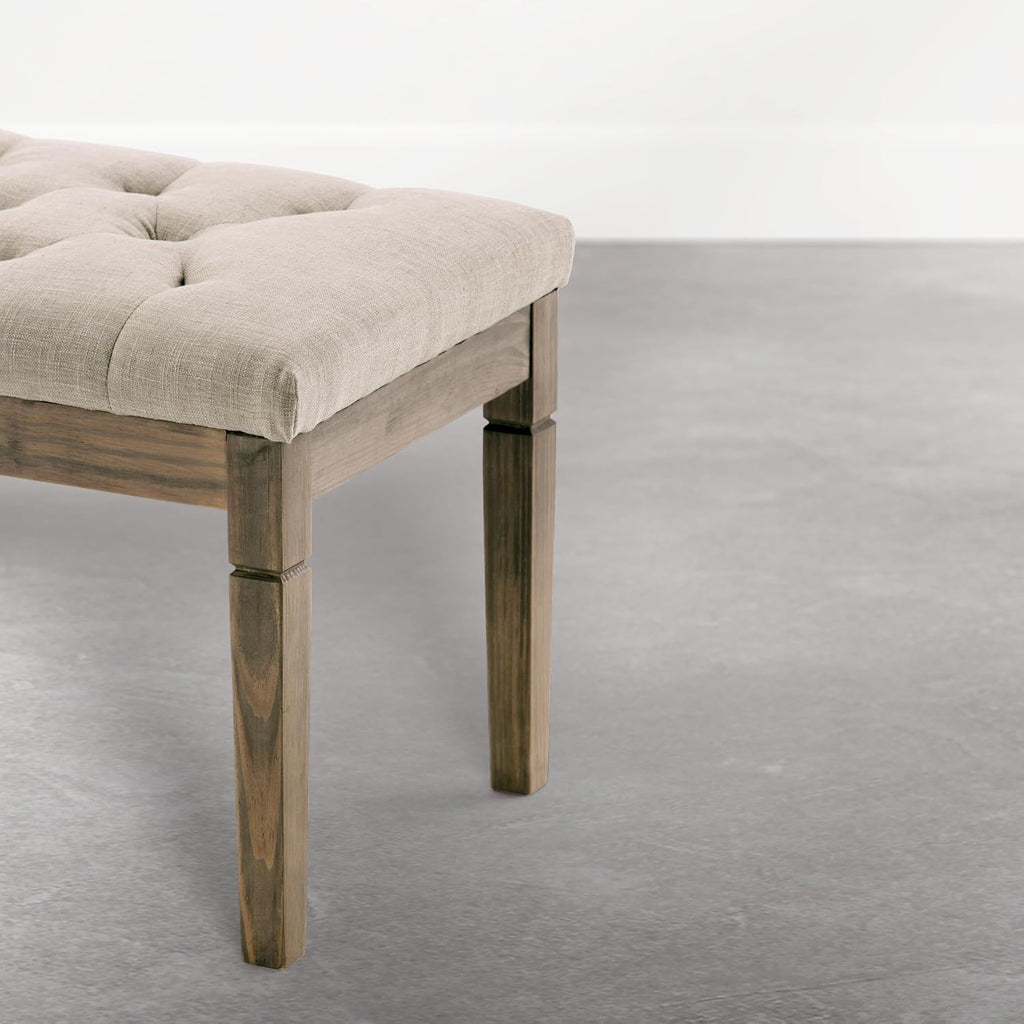 Waverly Tufted Ottoman Bench - 48 inch Wide Upholstered Linen Look Fabric Rectangle Footstool Ottoman in Wheat Beige