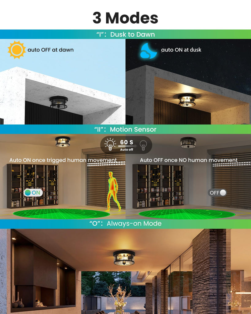 Outdoor Ceiling Light with Motion Sensor 9.3in - Porch Lights Outdoor, E26 Base, Flush Mount, 360° Detection, 3 Modes