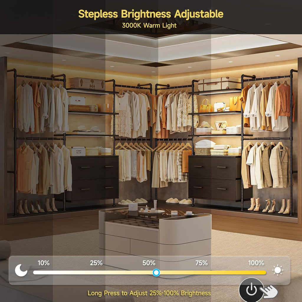 T3 Closet System with Stepless Dimmable LED Light, Industrial Pipe Clothing Rack with 4 Drawers, 6 Wooden Shelves & 4