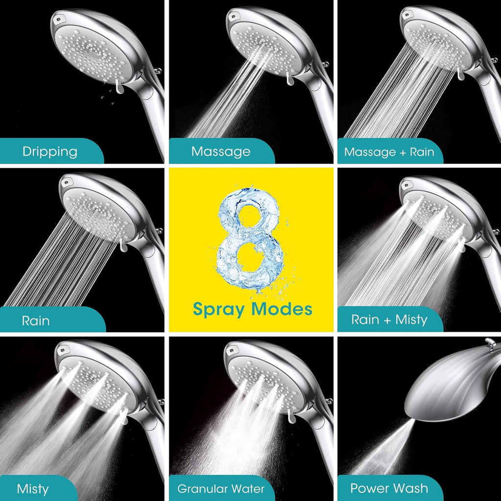 Shower Head with Handheld, High Pressure 8-Mode Filtered Shower Head with 80" Extra Long Stainless Steel Hose & Adjustable Bracket, Built-in Filter for Hard Water -Remove Chlorine, Chrome