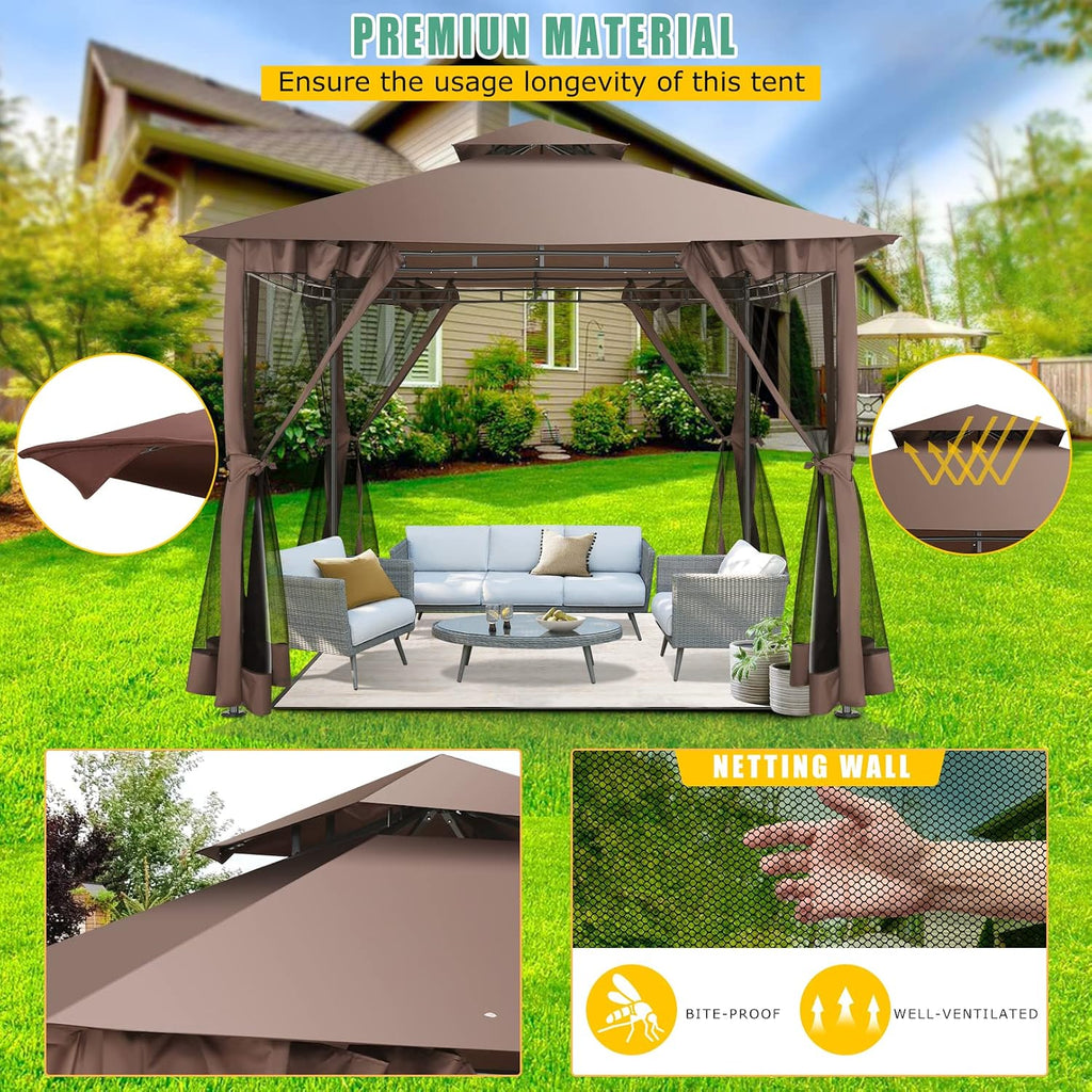 Outdoor Gazebo 10x10 Gazebos on Clearance with Netting, Waterproof Canopy Tent with Heavy Duty Party Tent Steel Frame