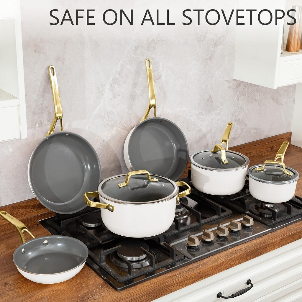 White 10 Piece Ceramic Cookware Set | Pots Pans for Family Meals | Include saucepan, saute pan, stockpot, frying