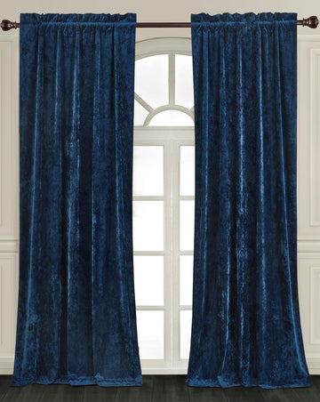 Lux Navy Blue Crushed Velvet Curtains 2 Panel Set - 84 inches Long Room Darkening Luxury Distressed Velvet Rod Pocket