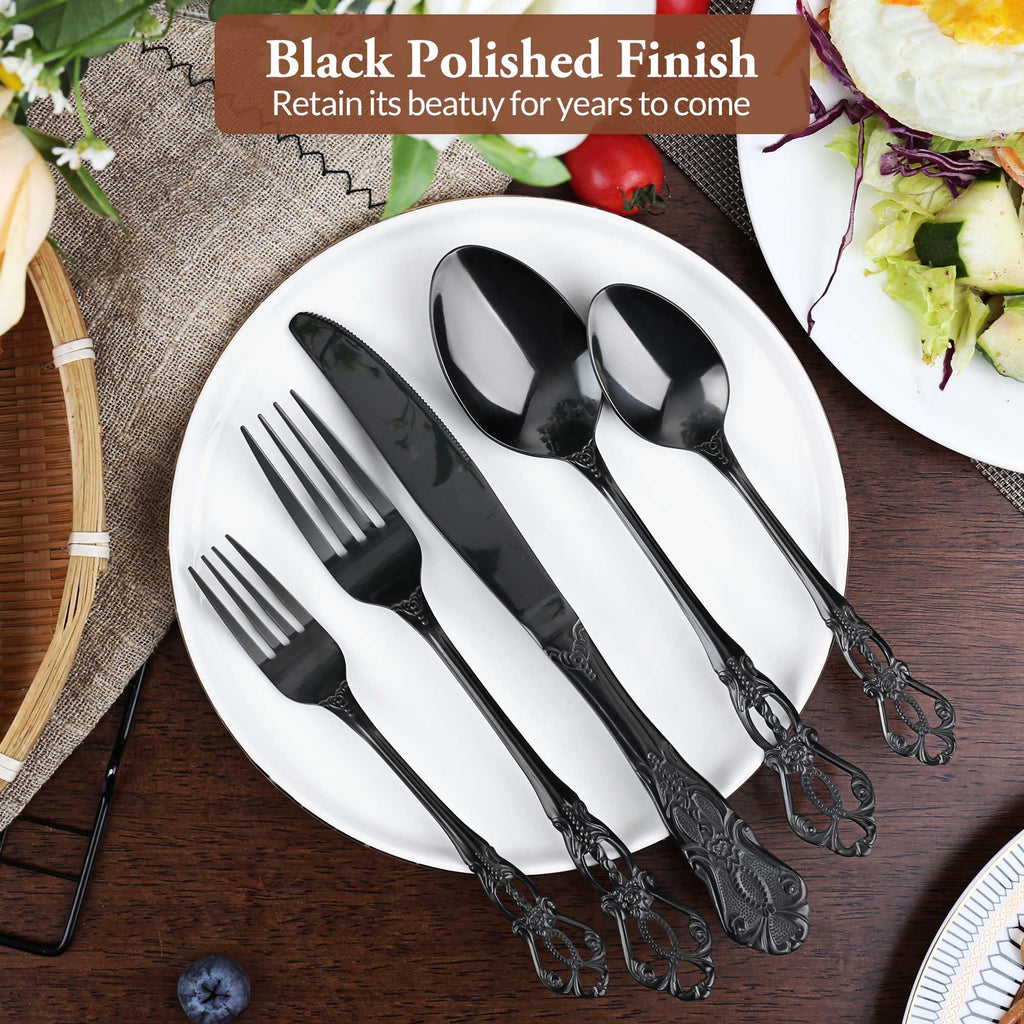 Black Silverware Set, 30 Pieces Retro Royal Silverware Set for 6, Gothic Decor Stainless Steel Flatware Set Including