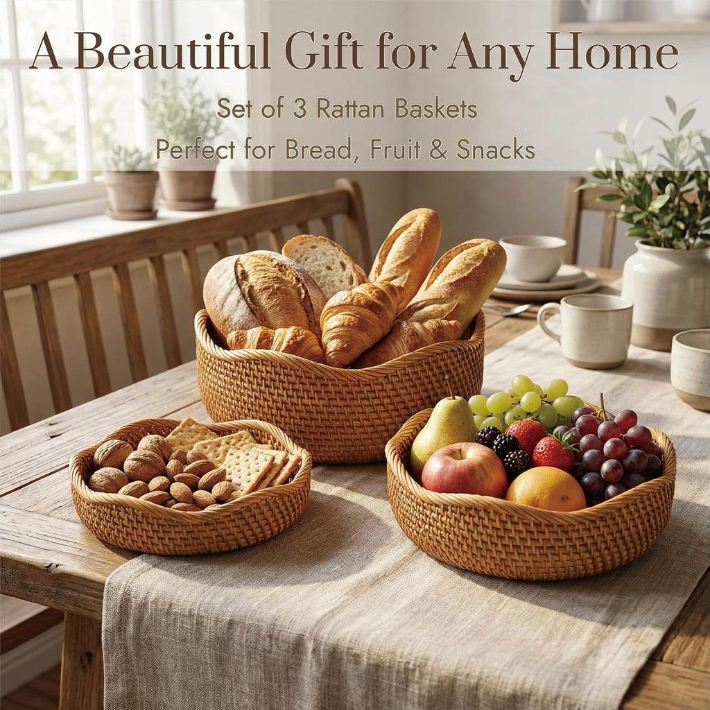 Rattan Bread Basket, Round Fruit Baskets, Wicker Storage Bowls, Natural Woven Serving Basket Bowls, Decorative