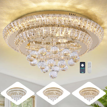 Large LED Crystal Raindrop Ceiling Light,Rose Gold, 20" Elegant Semi Flush Mount Chandelier Light Fixture with Remote