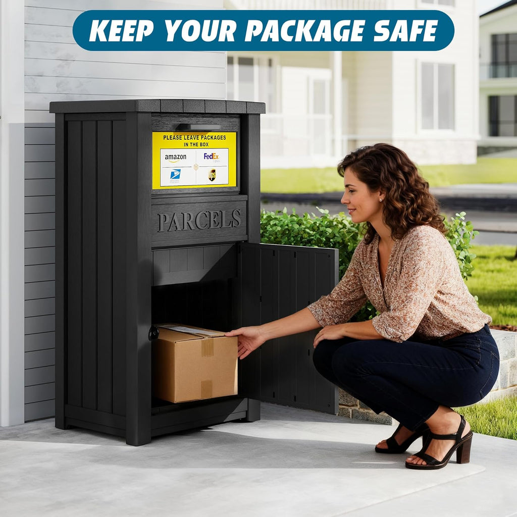 Package Delivery Box Secure, Waterproof Packages Drop Box Theft Parcel Drop Storage for Curbside, House, Black with Sign