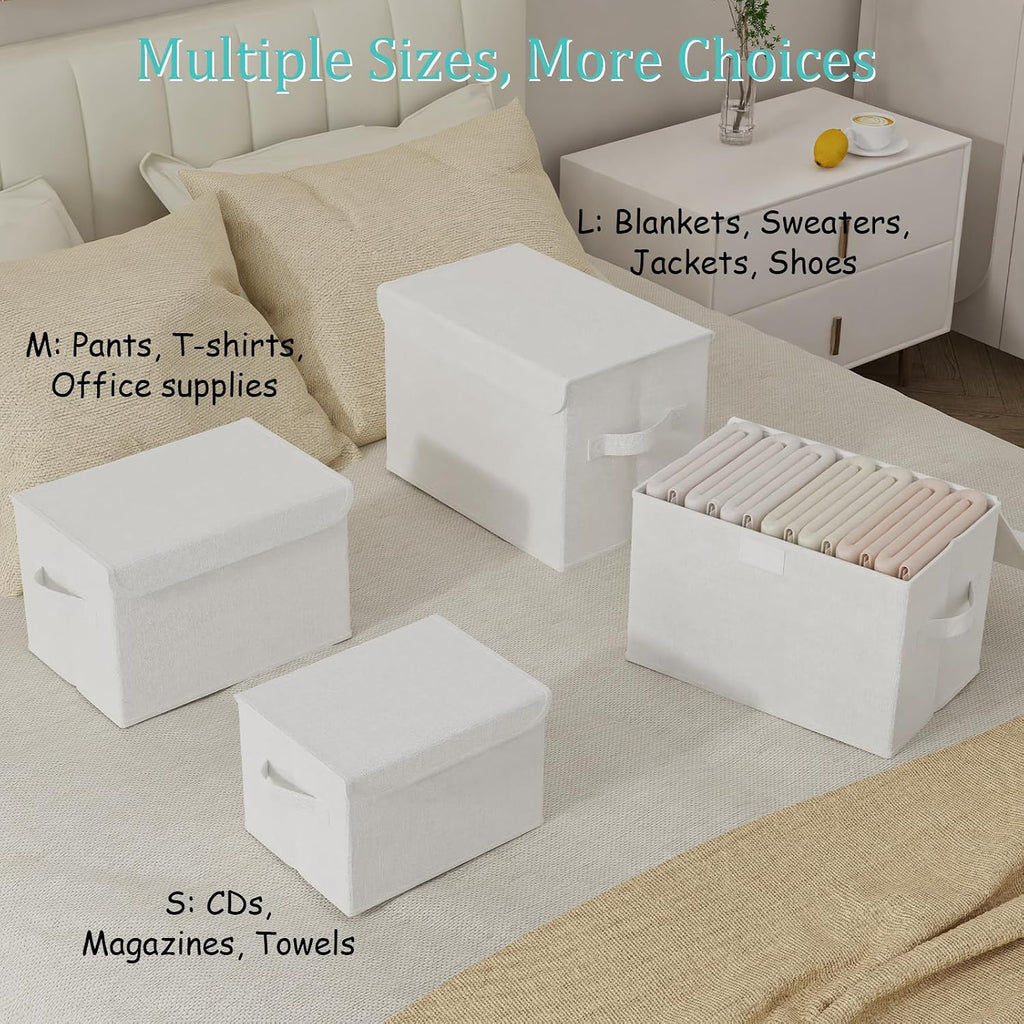 Bin with Lid, Closet Boxes, 4 Pack, White, 10.2x7.9x6.7 In | Fabric Clothing Basket with Cover, Collapsible Stackable