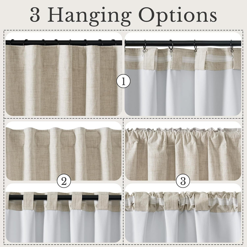 DIY Pinch Pleat Greige 100% Blackout Linen Curtains with Hook Belt, 3-in-1 Hanging Style Heavyweight White Liner