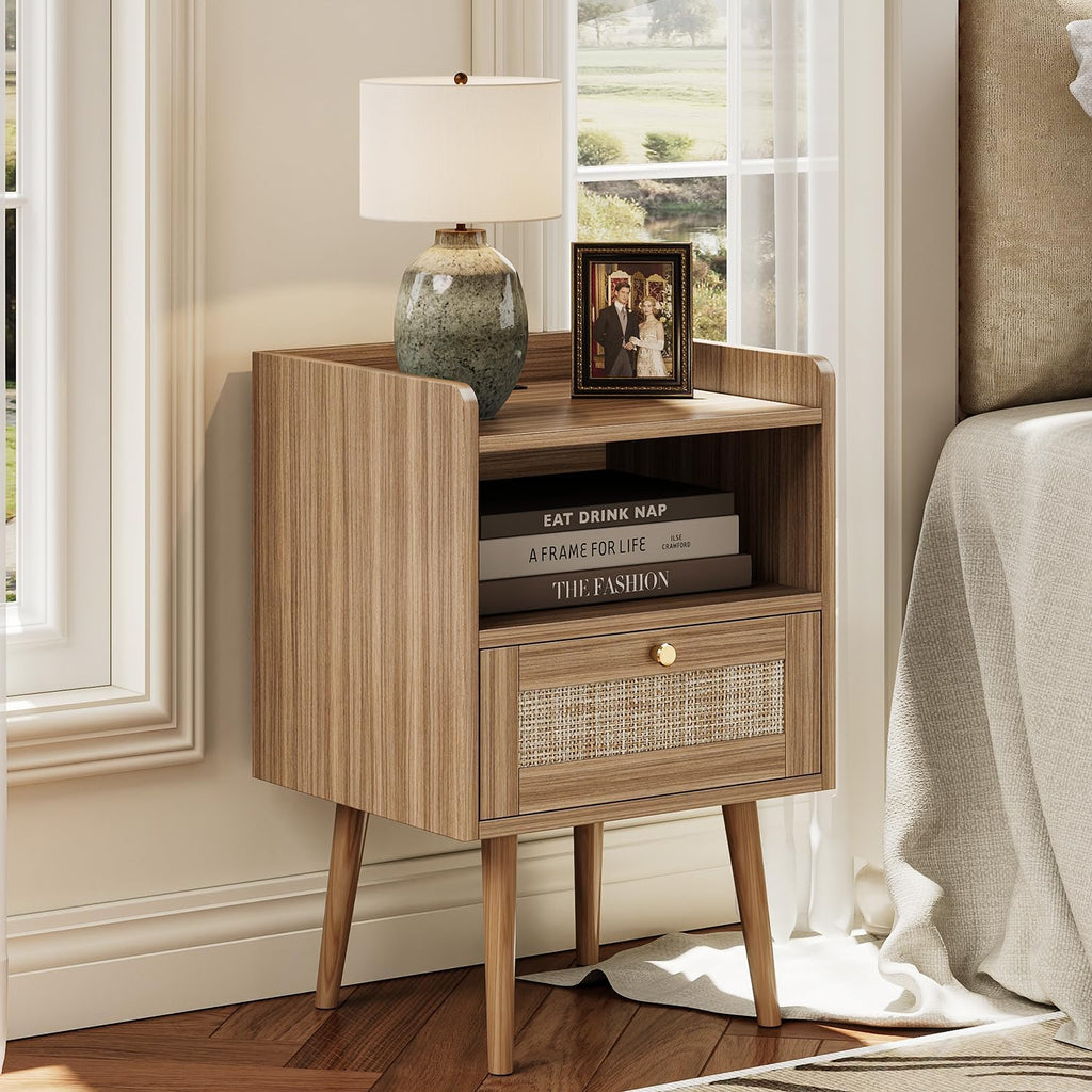Night Stand Set 2, Nightstands Set of 2 with Charging Station, Rattan Side Tables with Solid Wood Legs, Boho Bedside
