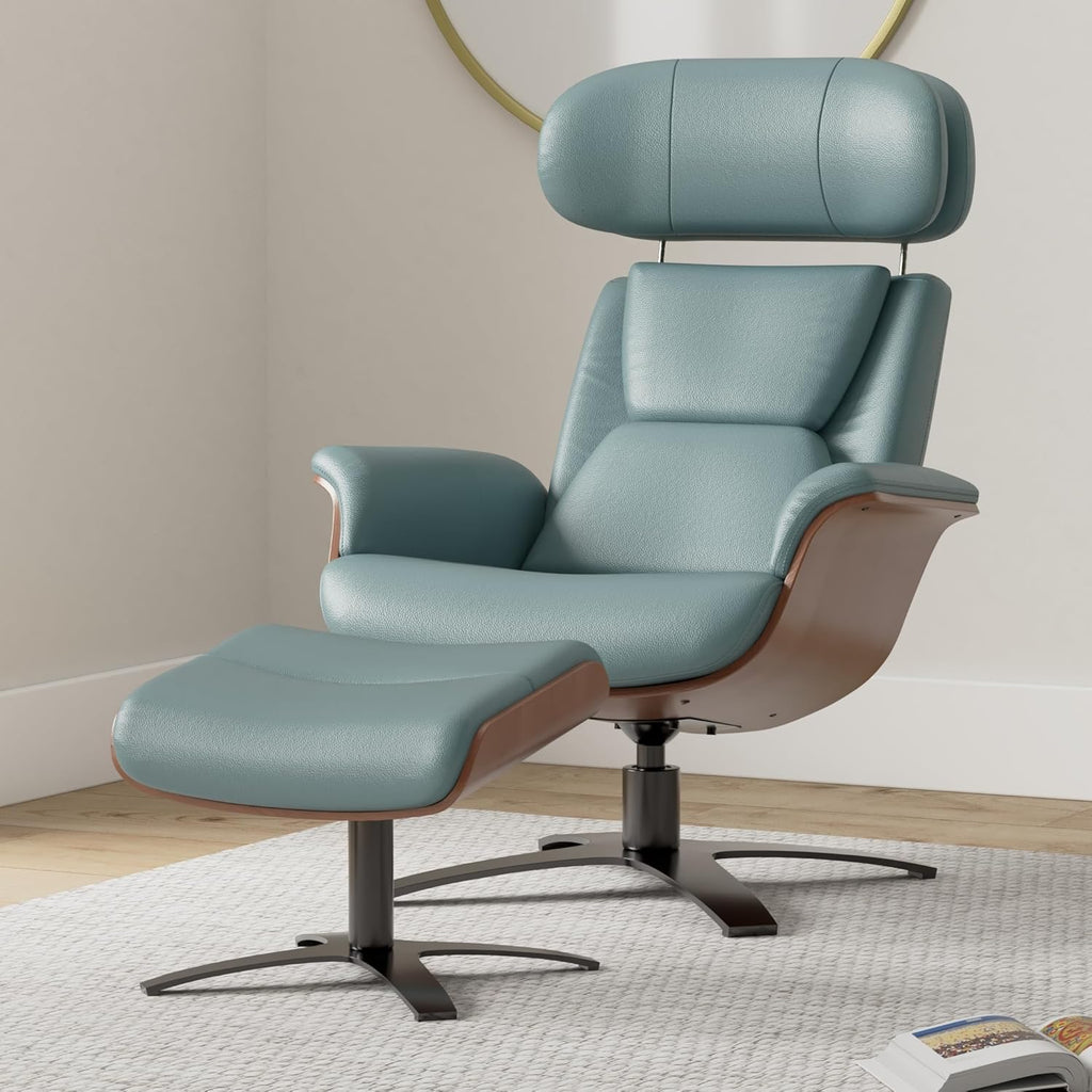 Modern Reclining Swivel Lounge Chair and Ottoman — Genuine Leather