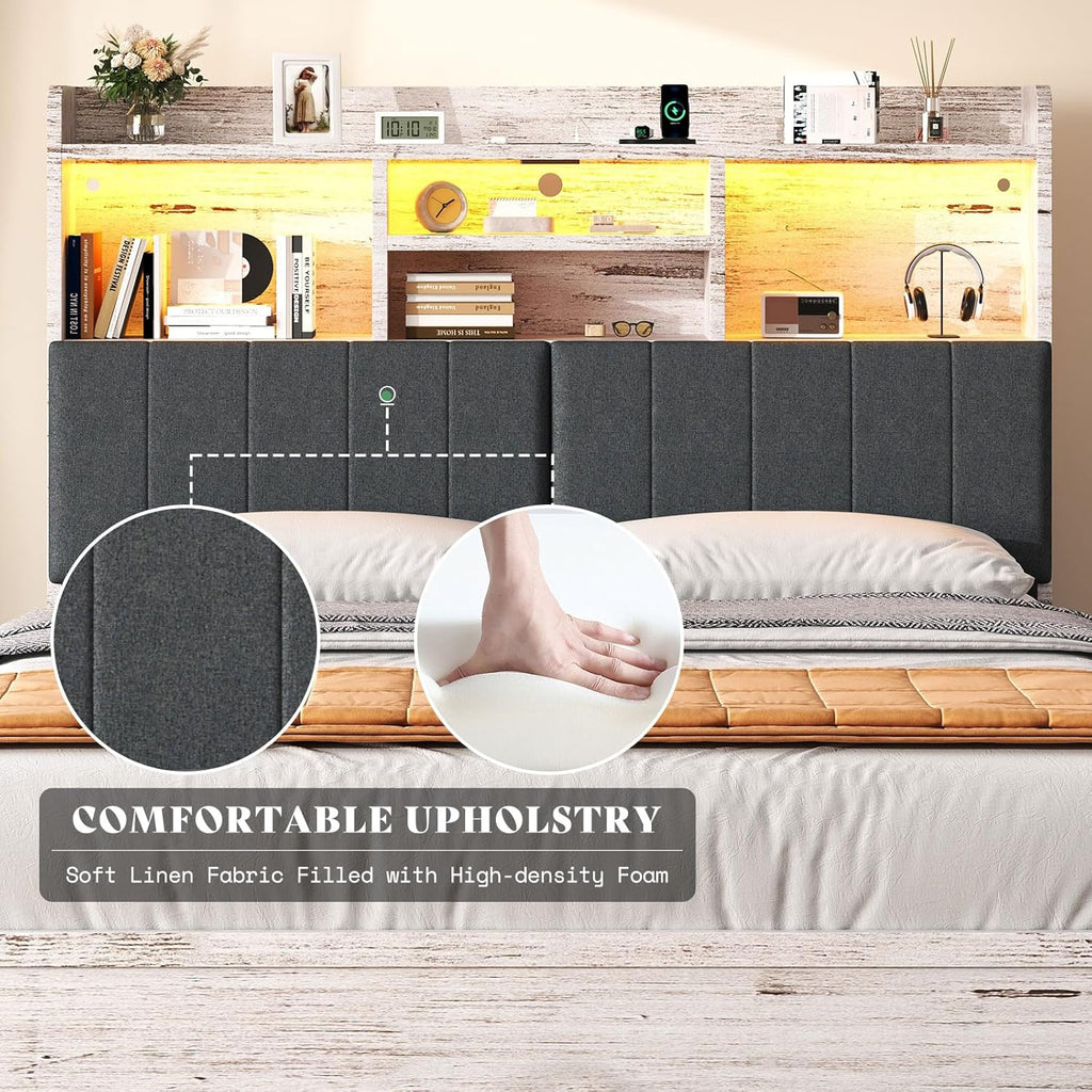 Queen Bed Frame with 51.2" Tall Bookcase Headboard, Farmhouse Platform Bed with 4 Storage Drawers, Linen Upholstered