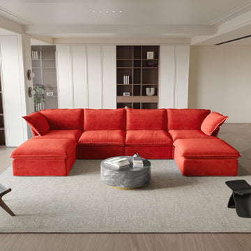 U-Shaped Couches for Living Room, Convertible Sectional Sofa, Modern Deep Seat Soft Cloud Couch, Modular Sectional Sofas with Two Ottomans for Living Room, Apartment (Red)
