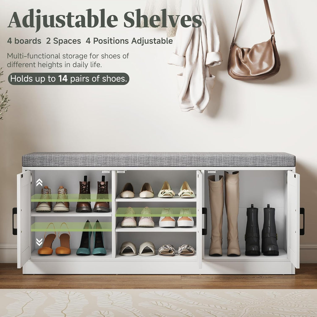 Shoe Storage Bench with Cabinet, 3-Tier Entryway Bench with Padded Seat Cushion, Shoe Cabinet Bench with 4 Adjustable