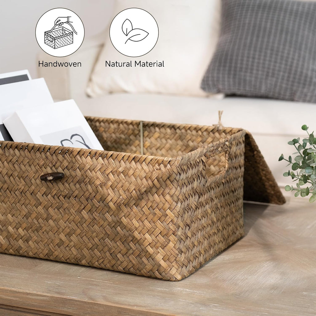 Wicker Baskets with Lid for Organizing, Seagrass Storage Baskets for Shelves, Decorative Box with Built-in Handles