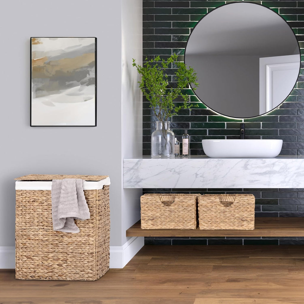 Premium Natural Handwoven Portable Laundry Bin Basket with Carrying Handles, Natural Water Hyacinth, Rectangular