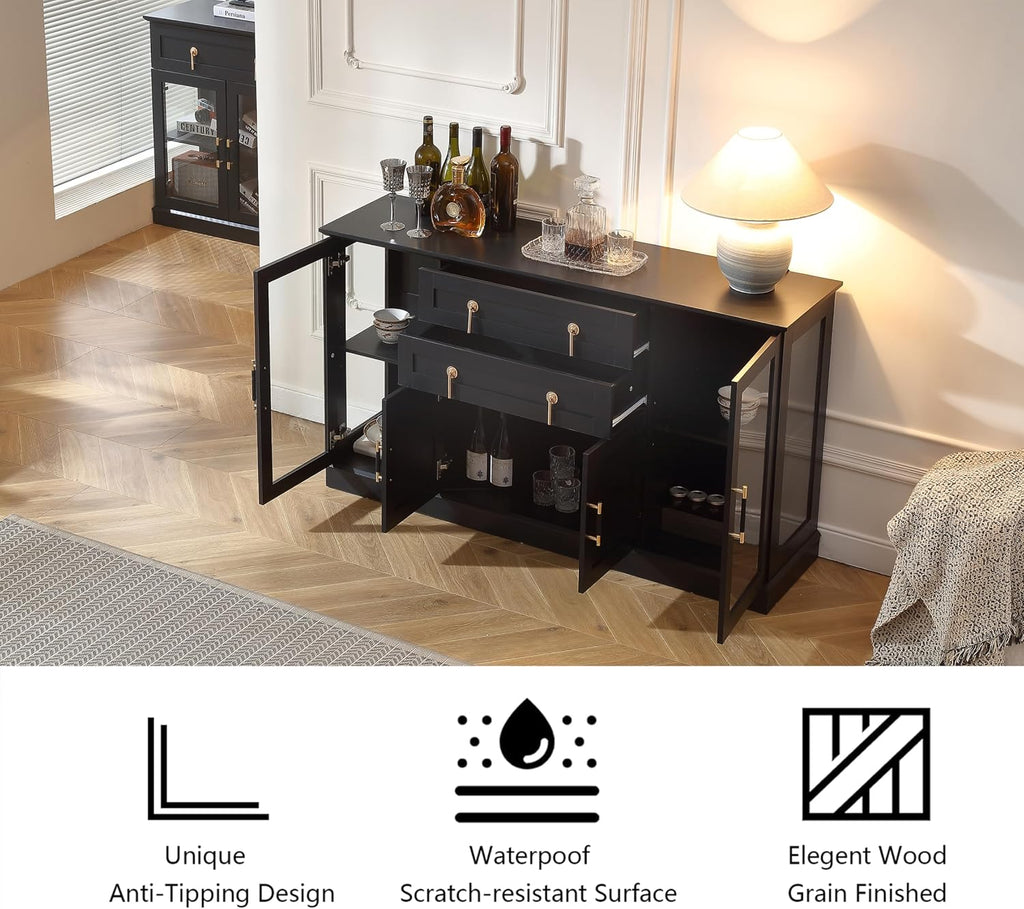 58.27'' Buffet Cabinet with 2 Drawers,LED and Adjustable Shelves,Large Glass Door Coffee Bar Cabinet with Storage,Modern Farmhouse Sideboard Credenza for Kitchen,Green