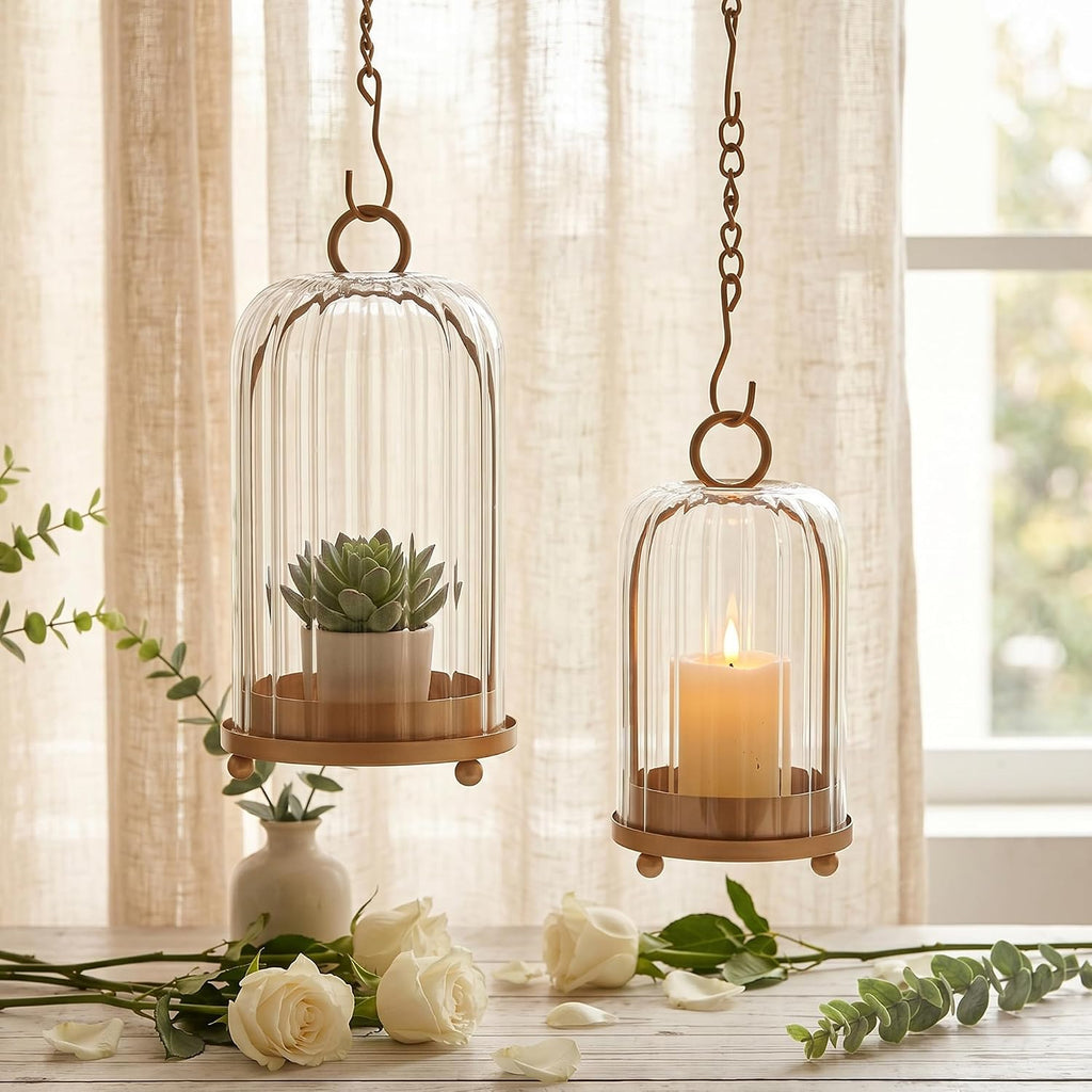 Vintage Brass Metal Candle Lantern with Ribbed Thick Glass Dome - Set of 2 Shabby Chic Style Candle Holders