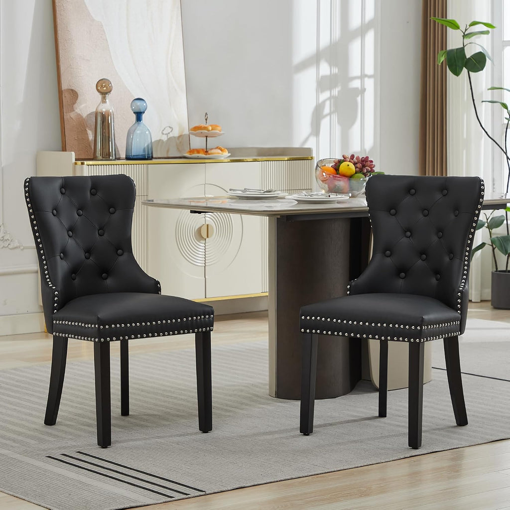 PU Leather Dining Chairs Set of 2, Upholstered Dining Room Chairs with Wooden Legs & Pull Ring, Modern Kitchen Chairs