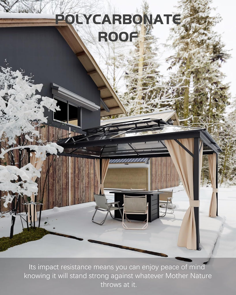 Hardtop Gazebo 12 ft x16 ft for All Weather, Double Polycarbonate Sheets Roof, Aluminum Alloy Frame, Net