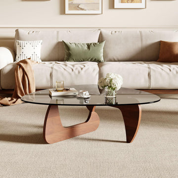 Modern Coffee Table and Small Spaces, 35.6" x 25.4" x 15.8" Triangle Tempered Glass Table Top and Solid Wood Base