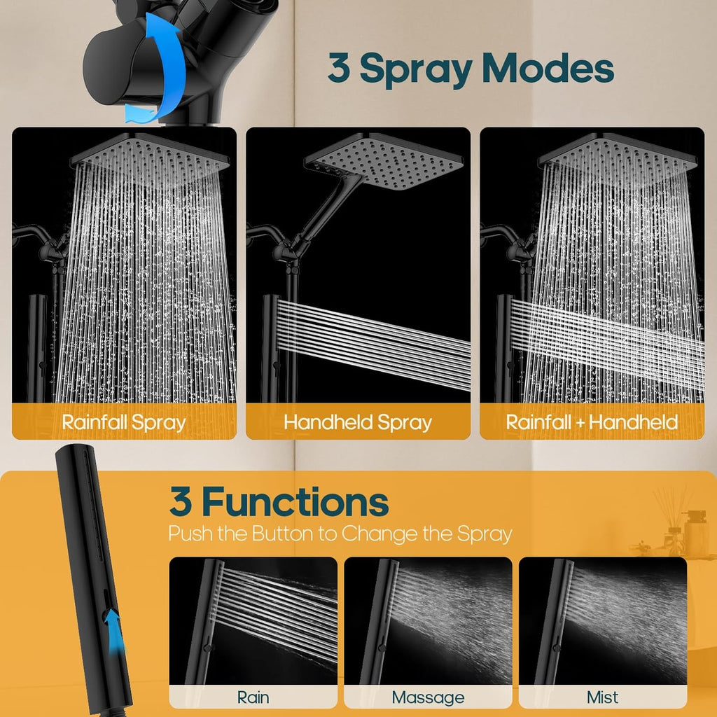 High Pressure Rain Shower Head with Handheld Combo, 10 Inch Square Rainfall Showerhead