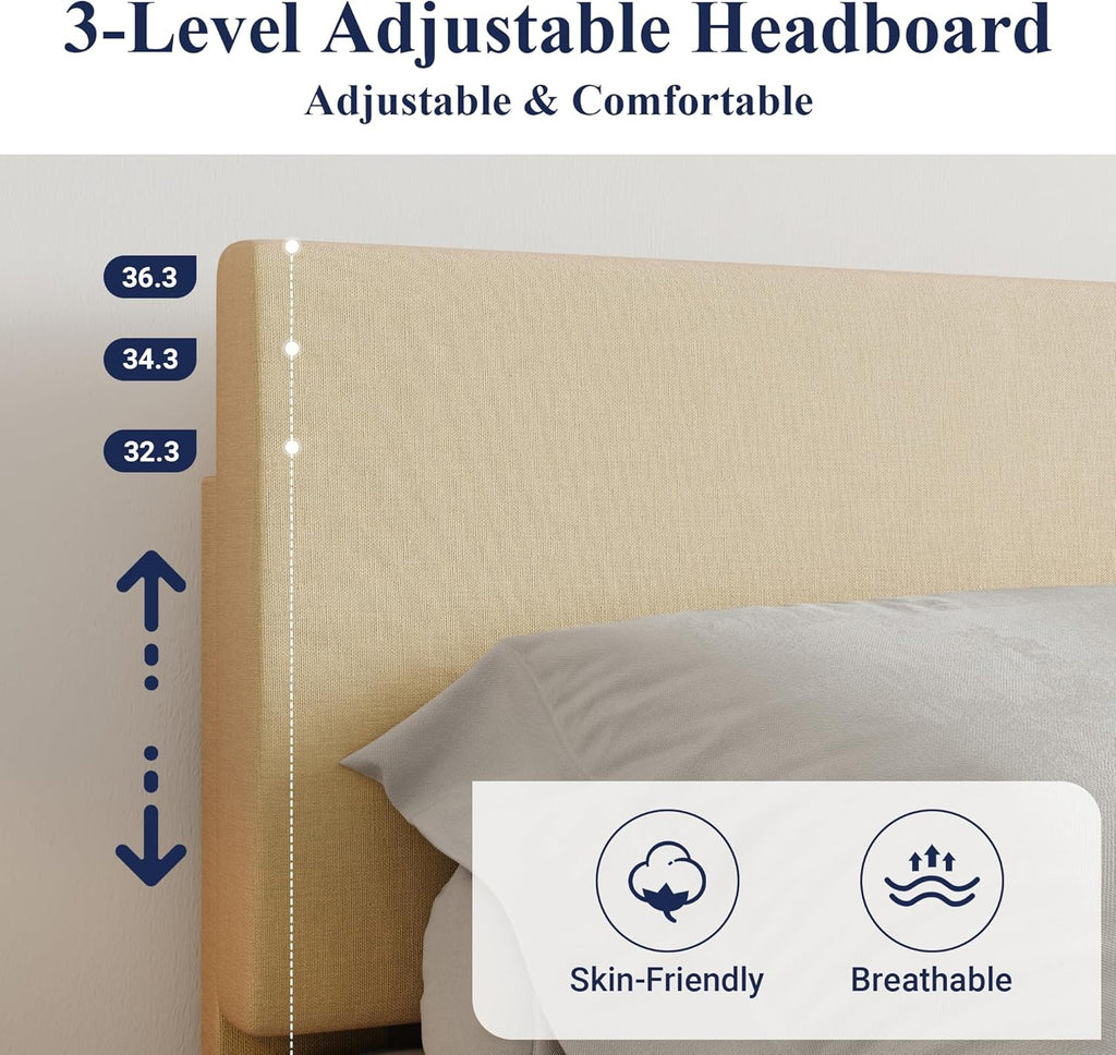 Queen Bed Frame with Adjustable Headboard, Upholstered Platform Bed with Wood Slats, Heavy Duty Mattress Foundation