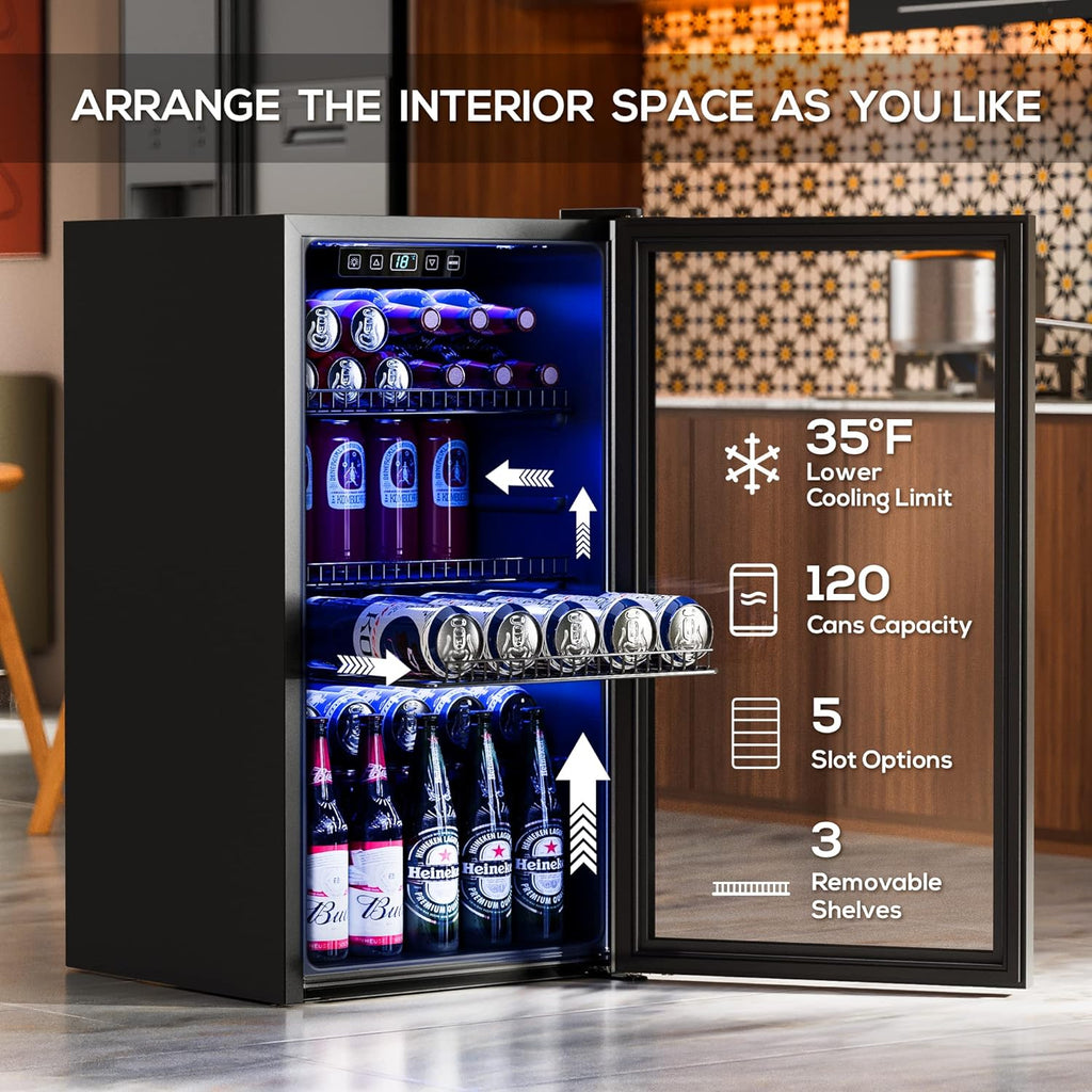 Beverage Refrigerator Cooler-130 Cans Freestanding Mini Fridge Cooler with Glass