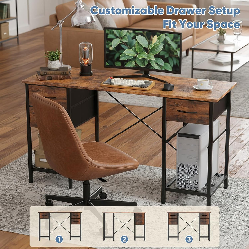 Computer Desk 55 Inch with 4 Drawers Home Office Table with Mesh Shelf for Work Study Writing Gaming Storage Furniture