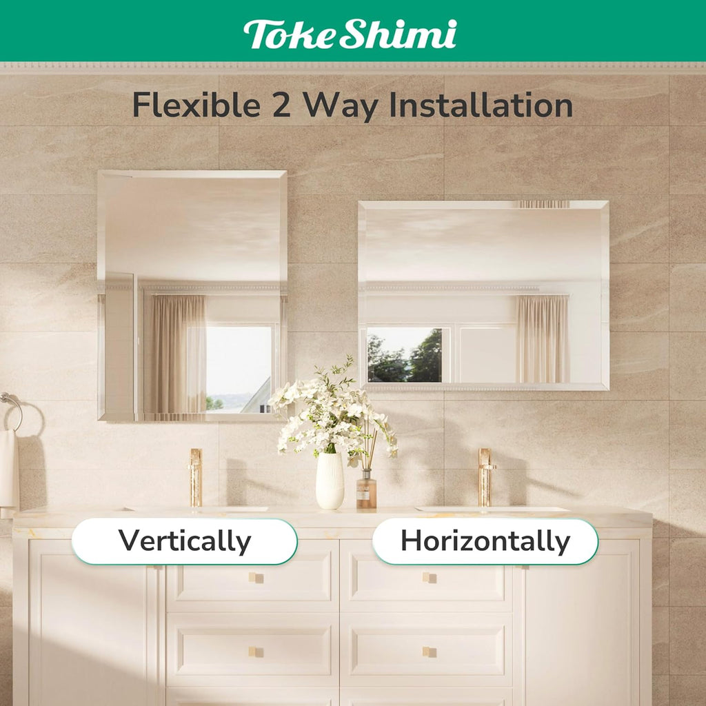 24x36 Beveled Wall Mirror Decorative, Bathroom Vanity Mirrored with 1" Beveled Edge, Shatterproof Modern Frameless