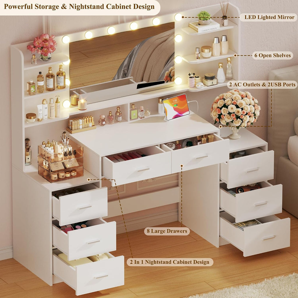 Large Vanity Desk with Mirror & Lights, White Makeup Vanity with 8 Drawers & 6 Storage Shelves, Vanity Set with LED