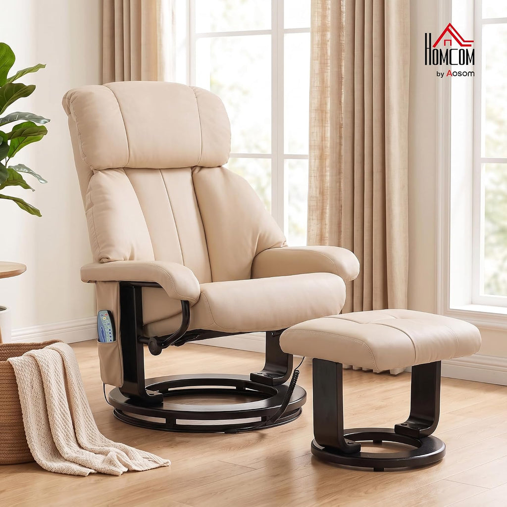Modern Reclining Swivel Lounge Chair and Ottoman — Beige PU Leather