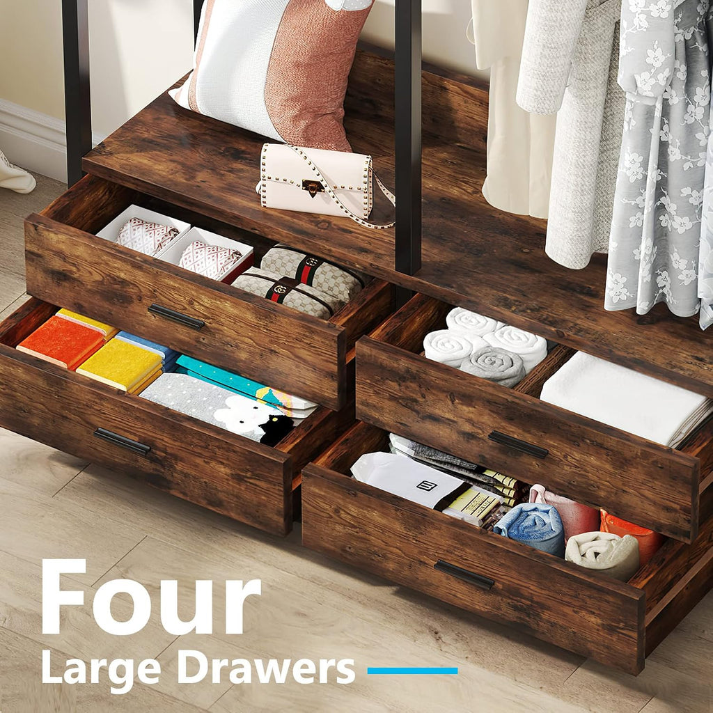 Freestanding Closet Organizer, Garment Rack with 4 Drawers | Heavy Duty Clothing Rack, Open Wardrobe Closet , 8 Hooks