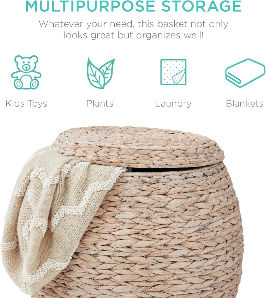 Multipurpose Hyacinth Storage Basket, Plant Décor, Handwoven Organizer Tote , w/Lid - Whitewash