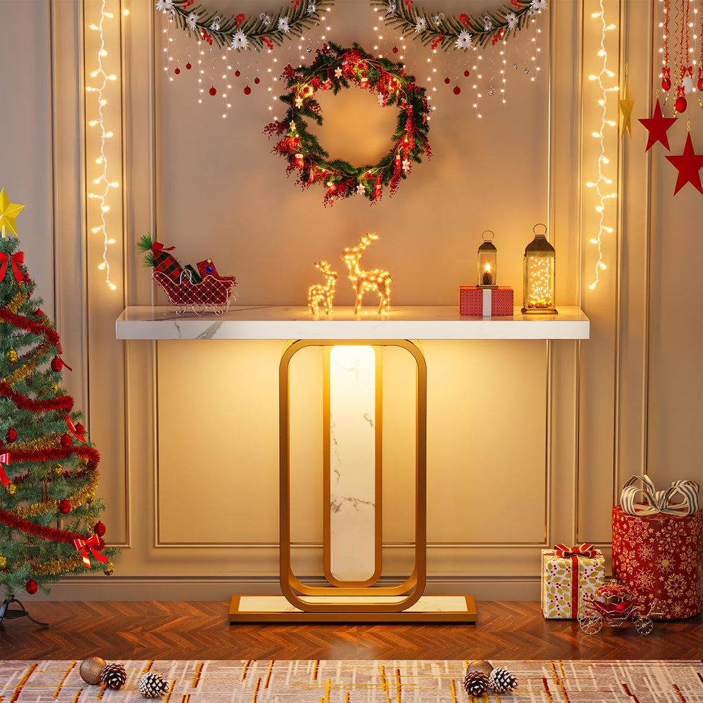 Modern Gold White Console Table with LED Lights, 41.3 Inch Entryway Hallway Foyer Accent Table with Faux Marble