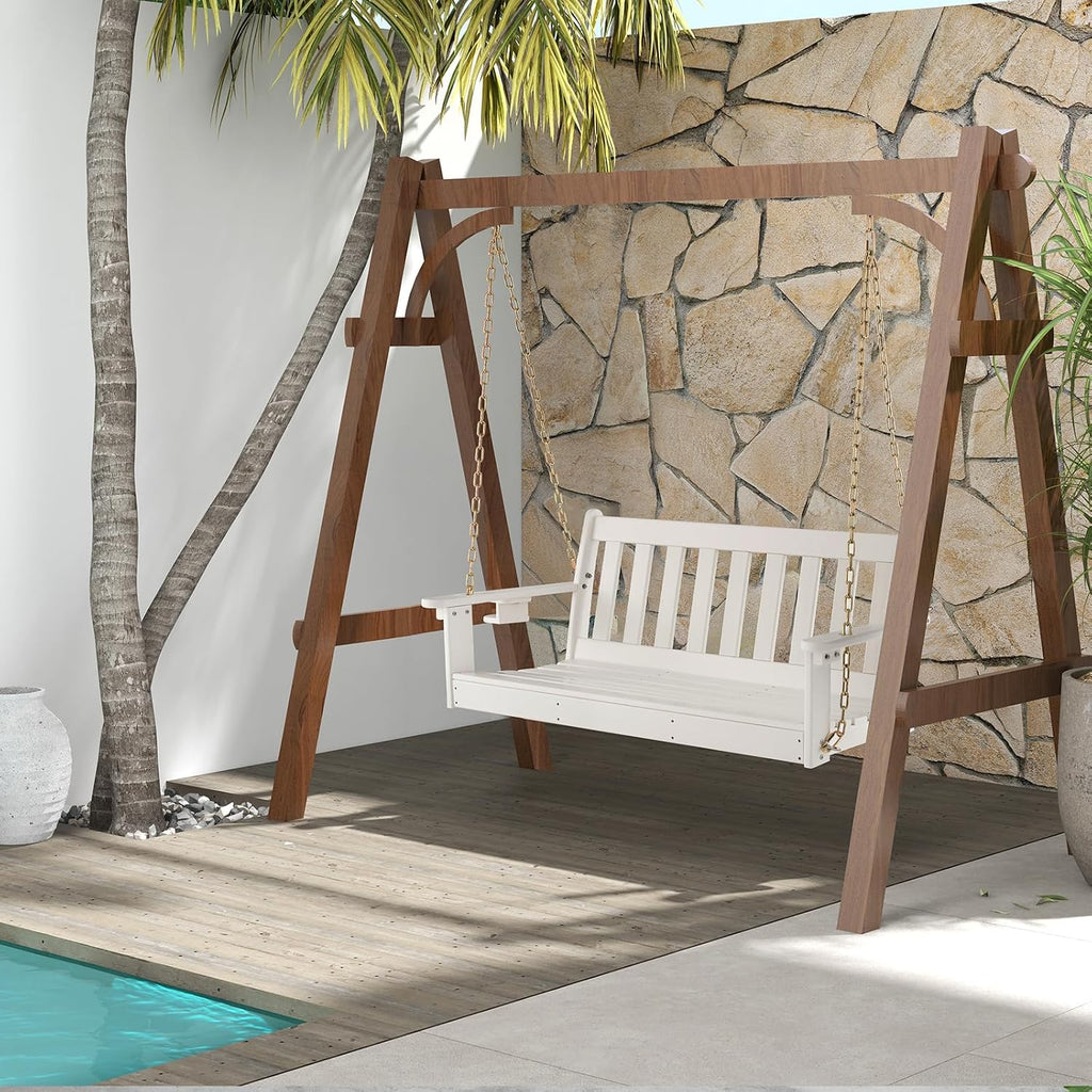 2 Person Hanging Porch Swing, Outdoor Bench Swing with Adjustable Chains, Hidden Cup Holder, HDPE Tree Swing Chair