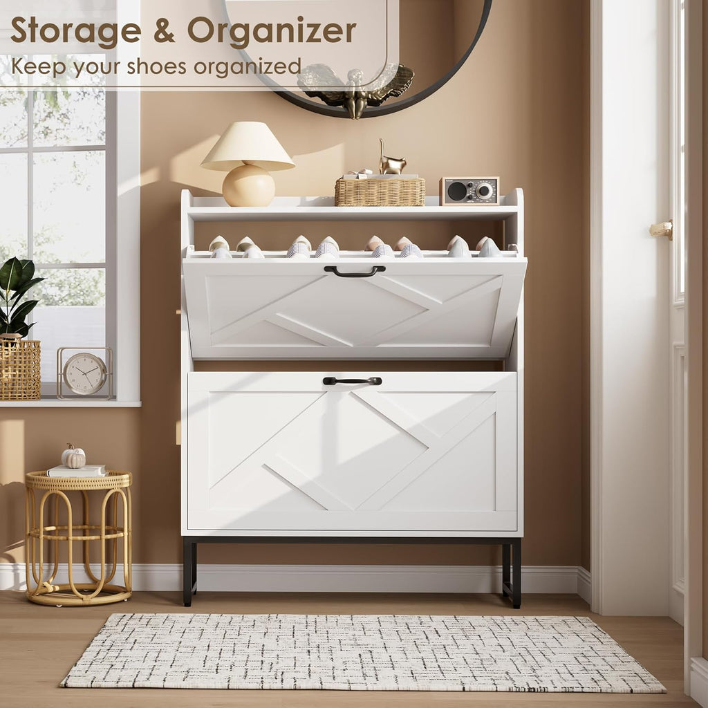 Shoe Storage Cabinet with 2 Flip Drawers, Freestanding Shoe Organizer, Shoe Cabinet with Metal Legs, Narrow Shoe Rack