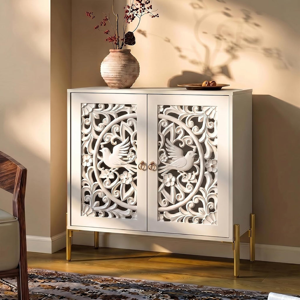 Accent Cabinet with Doors, Hollow-Carved Pattern Buffet Cabinet with Storage, Freestanding Sideboard Cabinet Dining